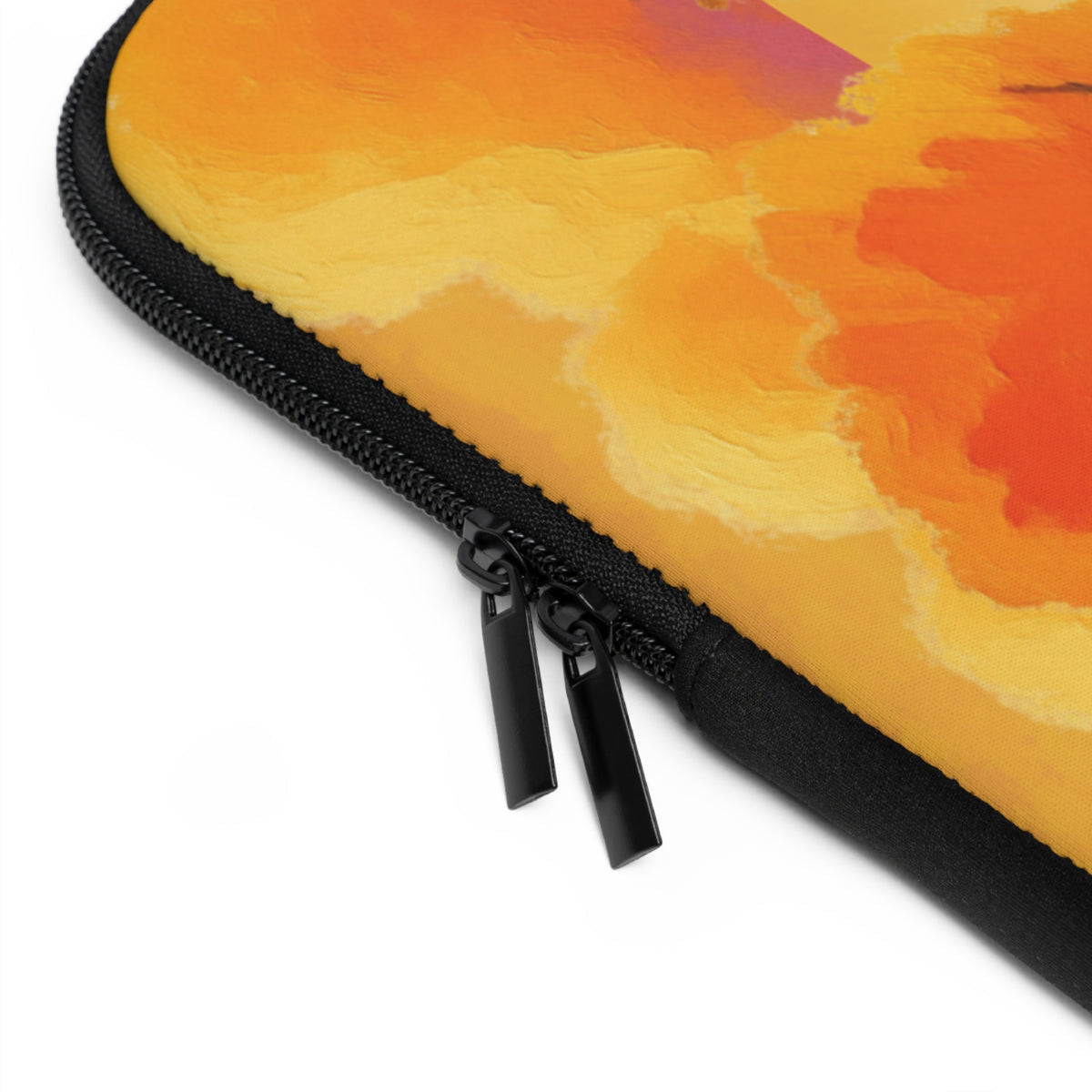 Close-up of a zippered protective sleeve with a black zipper and dual zipper pulls, featuring a vibrant abstract watercolor design in yellow, orange, and red on a white background.