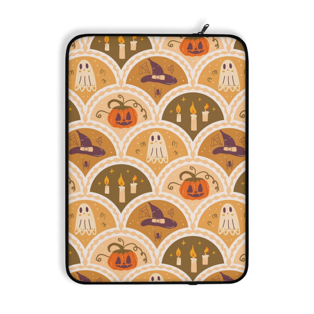 A laptop sleeve featuring a repeating Halloween-themed pattern with pumpkins, ghosts, witch hats, and candles in warm autumn colors on a white background.