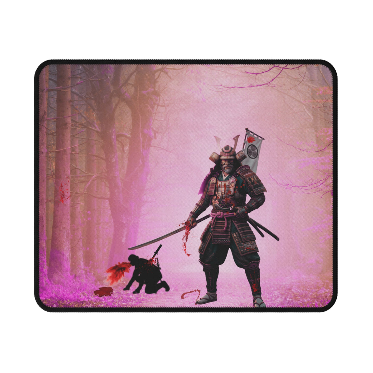 A rectangular gaming mousepad with rounded corners, featuring a fantasy illustration of a samurai warrior in dark armor standing in a misty pink forest with a small black creature at his side.
