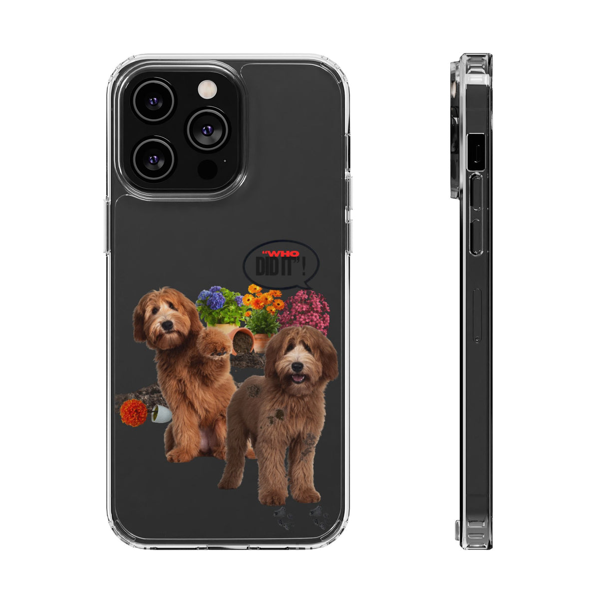 A clear protective phone case shown from the back and side views on a white background. The back of the case is dark gray/black and features a graphic print of two brown doodle dogs with colorful flowers and a small 'DOWNTOWN' logo.