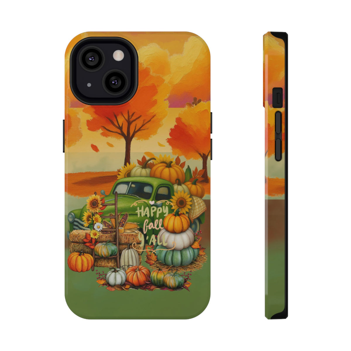 A phone case shown from the back and side, featuring a colorful autumn fall design with a green pickup truck, pumpkins, sunflowers, and the text 'Happy fall ya!'.