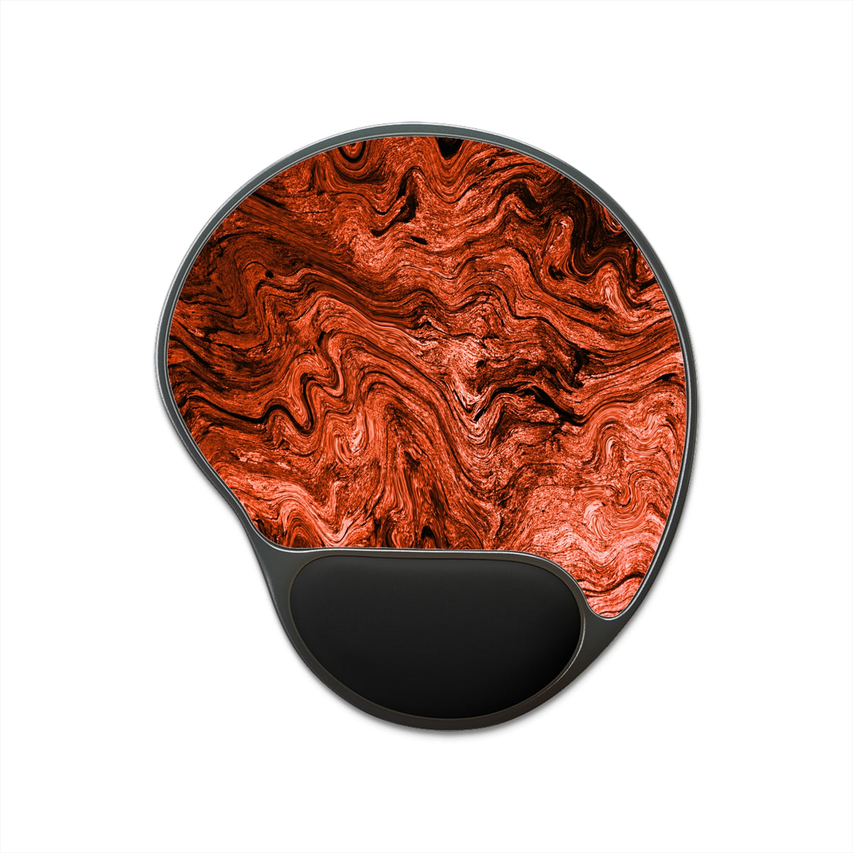 A gel mouse pad with a black wrist rest, featuring a swirling red and orange marble pattern on a white background.