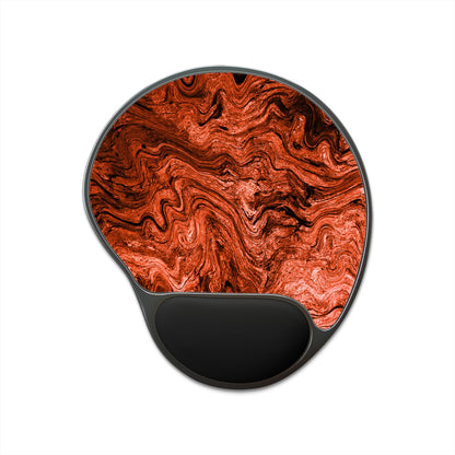 A gel mouse pad with a black wrist rest, featuring a swirling red and orange marble pattern on a white background.