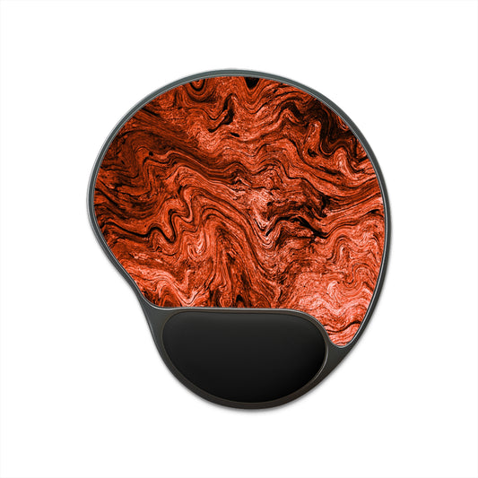 A gel mouse pad with a black wrist rest, featuring a swirling red and orange marble pattern on a white background.