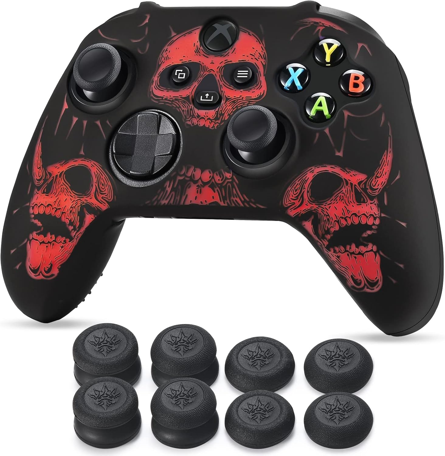 Laser Carving Silicone Skin for Xbox Series X/S Controller X 1(Skulls Red) with Exclusive Thumb Grips X 8