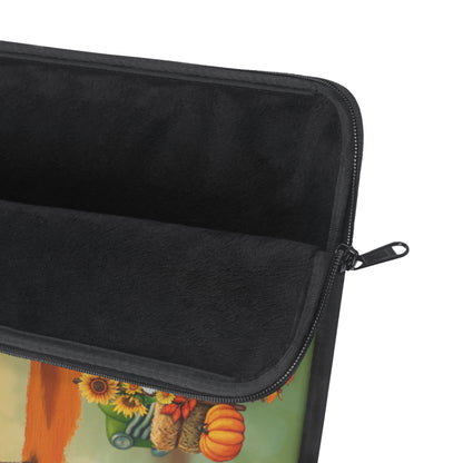 Close-up of an open zippered pouch showing a black fleece interior lining and a printed exterior design with sunflowers, pumpkins, and a green background.