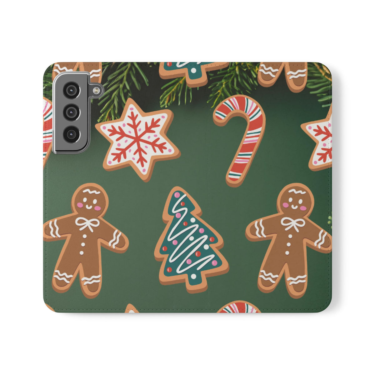 A phone case featuring a festive Christmas pattern with gingerbread men, trees, candy canes, and snowflakes on a dark green background.