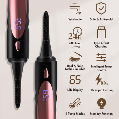 Heated Eyelash Curlers Fast Heat up within 10S 24 Hours Long Lasting Electric Eyelash Curler Type-C Rechargeable 4 Heating Modes Anti-Burn LED Display Makeup Tools(Black)