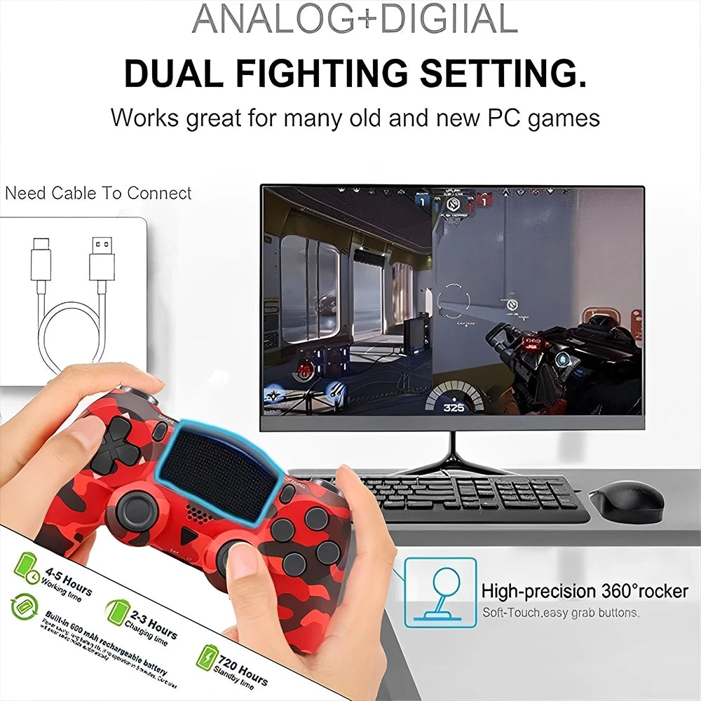 Wireless Game Controller Compatible with P4,Analog Sticks/6-Axis Motion Sensor with Charging Cable- Red Camo