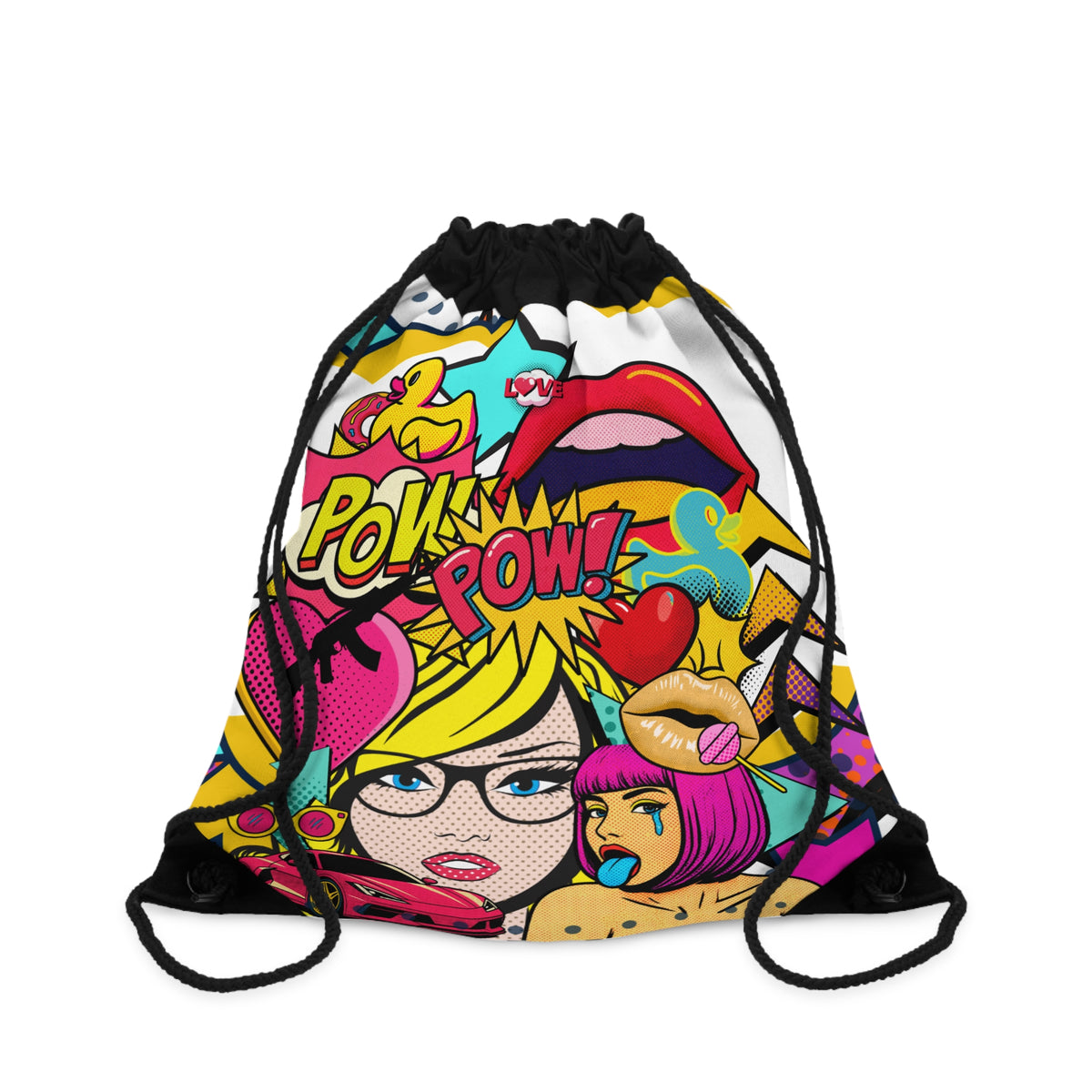 A drawstring bag with a vibrant pop-art comic print featuring cartoon characters, hearts, and 'POW! POW!' text, shown on a plain white background.