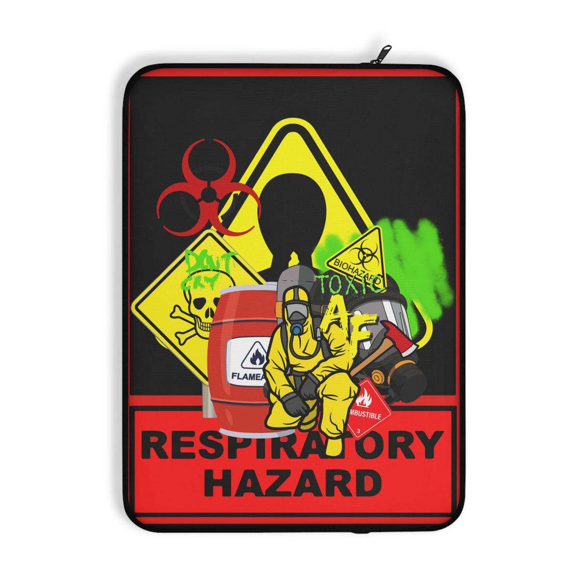 A laptop sleeve featuring a 'Respiratory Hazard' graphic design. The design has a black background with a red vertical banner on the right reading 'RESPIRATORY HAZARD' in white text, alongside a yellow warning sign, a red biohazard symbol, a green spill, and an illustration of a worker in a hazmat suit handling a red toxic container.