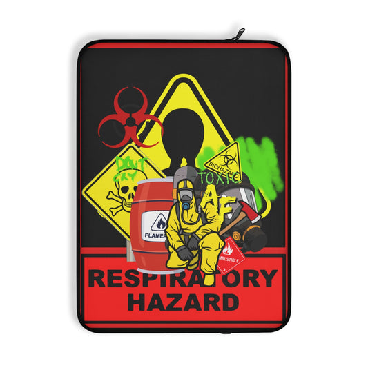 A laptop sleeve featuring a 'Respiratory Hazard' graphic design. The design has a black background with a red vertical banner on the right reading 'RESPIRATORY HAZARD' in white text, alongside a yellow warning sign, a red biohazard symbol, a green spill, and an illustration of a worker in a hazmat suit handling a red toxic container.