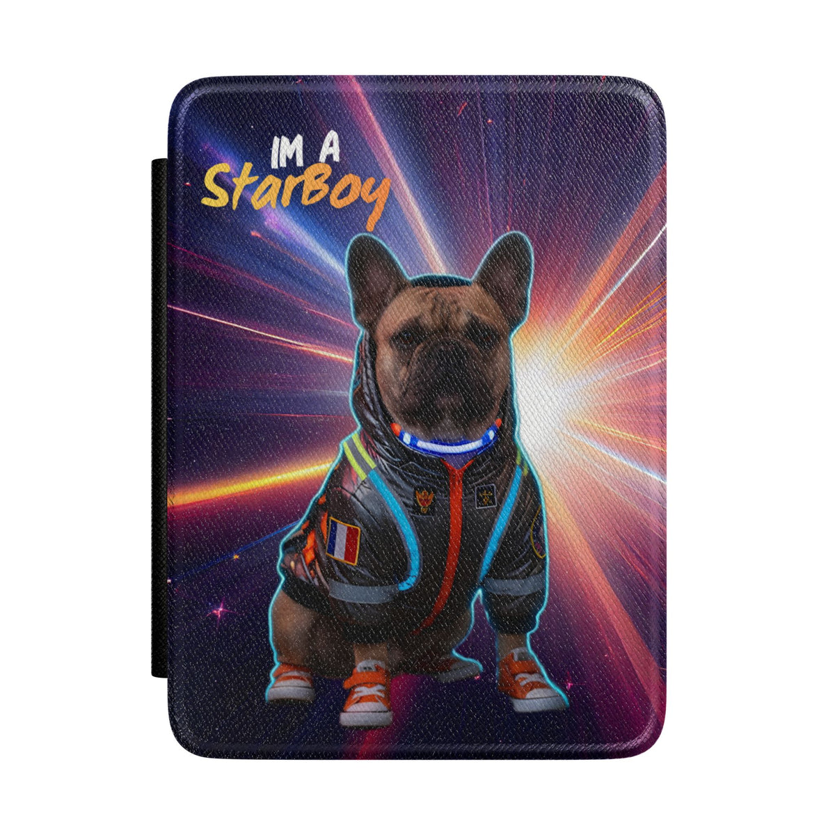 A square tablet case featuring a printed graphic of a French Bulldog wearing a futuristic space-themed jumpsuit with glowing blue and orange accents, set against a cosmic starburst background. The text 'IM A StarBoy' is printed at the top left.