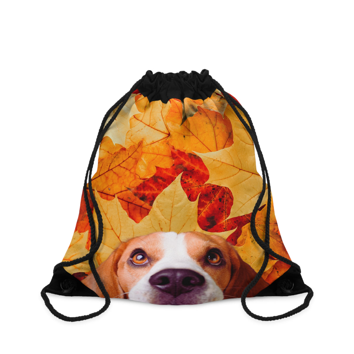 A drawstring backpack with a printed design featuring orange and yellow autumn leaves and a dog's face peeking out from behind them, shown on a plain white background.
