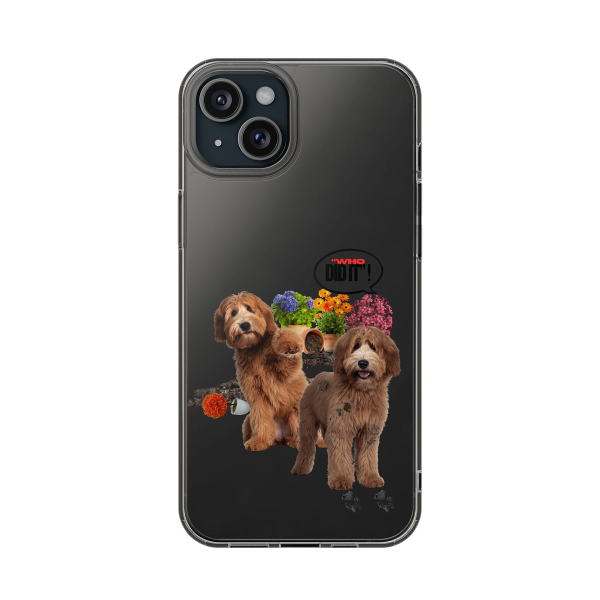 A black protective phone case featuring a graphic print of two brown poodles with colorful flowers and a small red logo, displayed on a black smartphone against a plain white background.