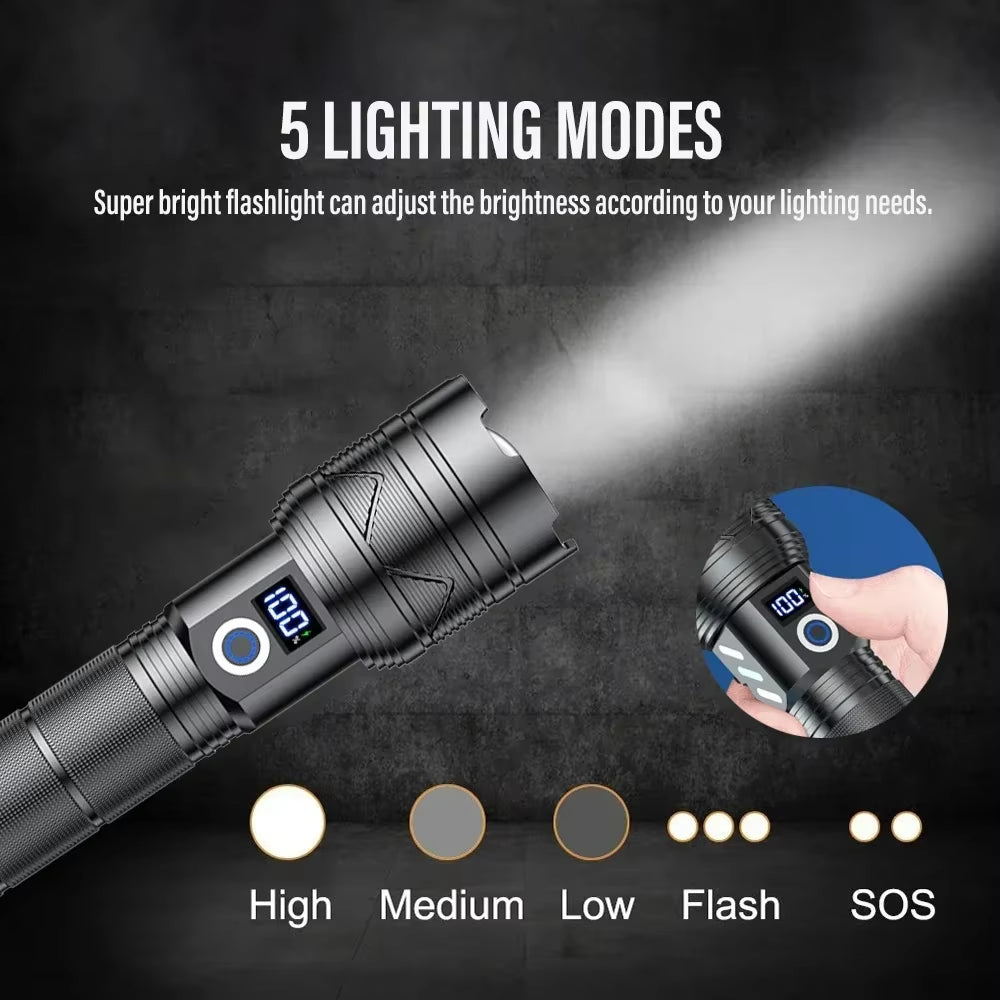 High Power LED Flashlight Type-C Rechargeable Tactical Zoom Torch Use 26650 Battery Camping Fishing Lantern with Power Display