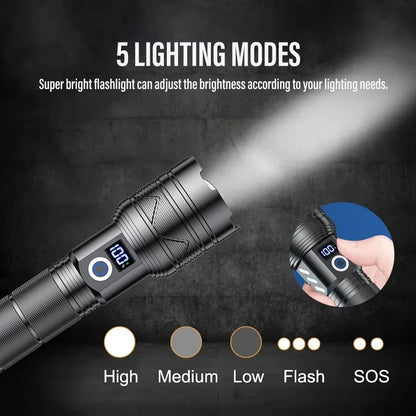 High Power LED Flashlight Type-C Rechargeable Tactical Zoom Torch Use 26650 Battery Camping Fishing Lantern with Power Display