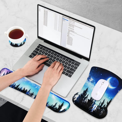 Ergonomic Keyboard Wrist Rest and Mouse Pad with Wrist Support Set, Memory Foam Non-Slip Rubber Base, for Gaming, Working, Home, Office, Easy Typing, Pain Relief, Forest Moon Sky