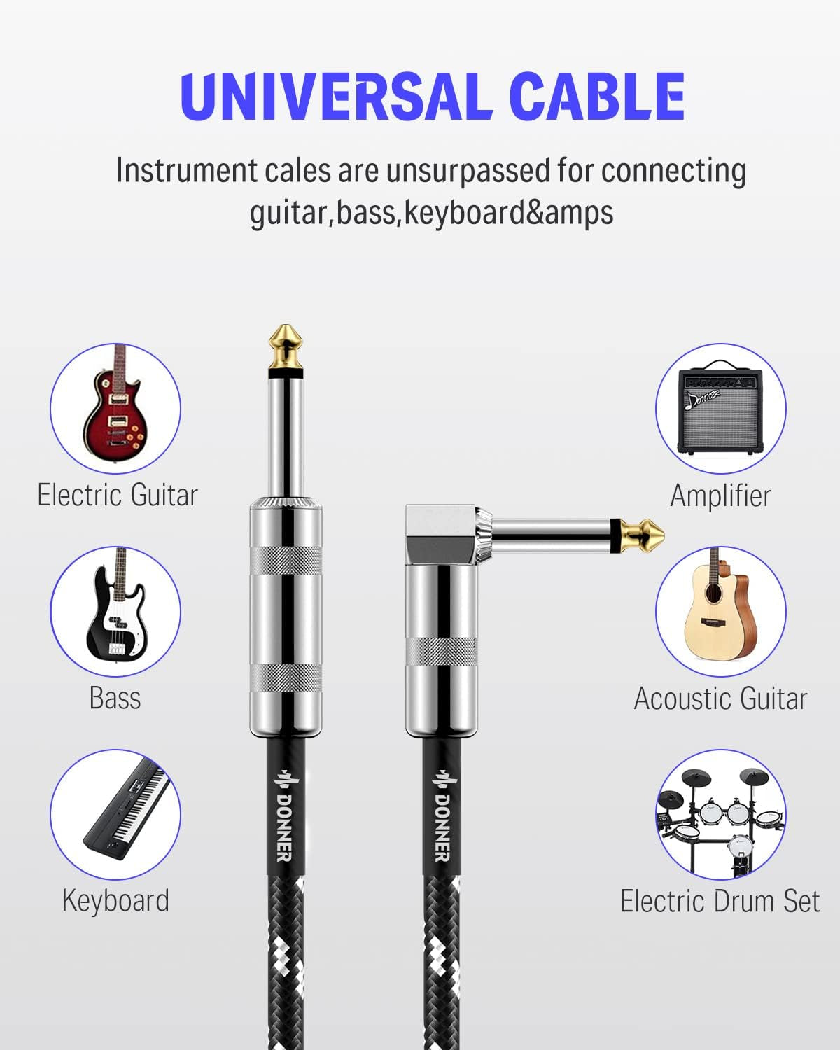 Guitar Cable 10 Ft, Electric Instrument Cable Bass Amp Cord for Electric Guitar Bass Amplifier Audio, 1/4" Right Angle to Straight, Black White