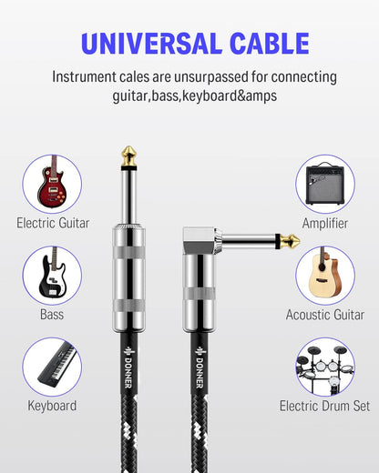 Guitar Cable 10 Ft, Electric Instrument Cable Bass Amp Cord for Electric Guitar Bass Amplifier Audio, 1/4" Right Angle to Straight, Black White