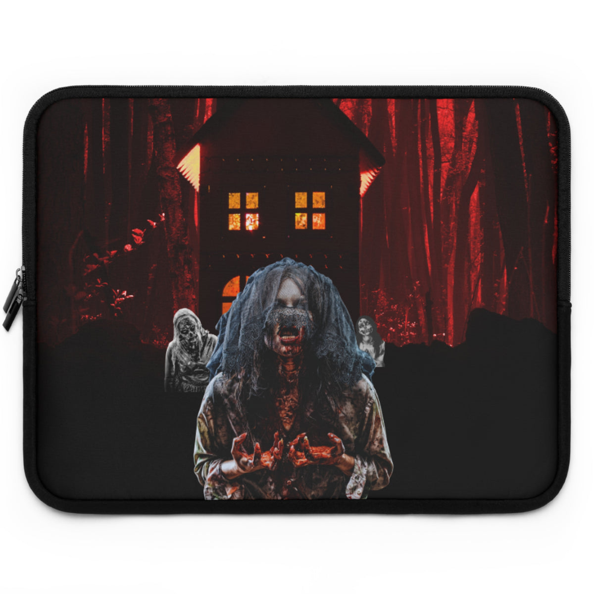 A black laptop sleeve featuring a horror-themed graphic print of a creepy woman with long dark hair in front of a haunted house and red forest background.