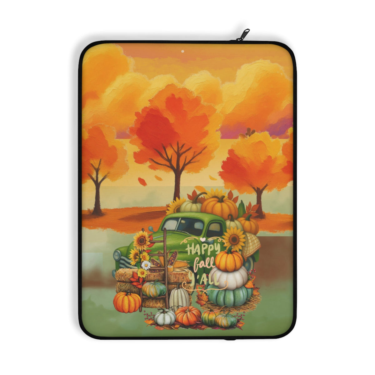 A laptop sleeve featuring a colorful autumn harvest illustration with a green pickup truck loaded with pumpkins, gourds, sunflowers, and baskets under orange trees, shown on a plain white background.