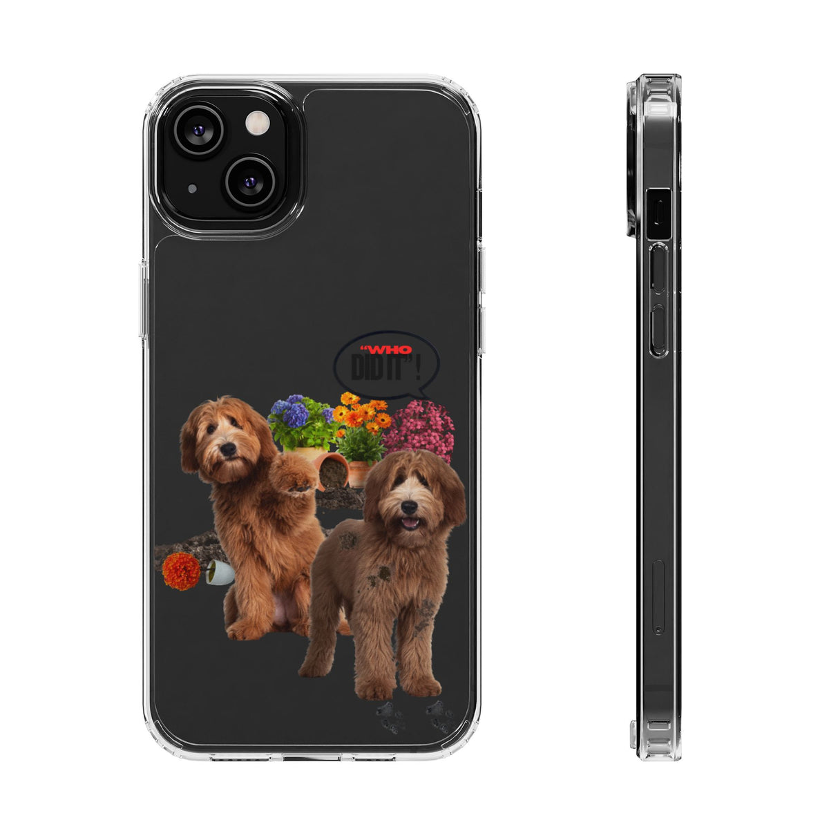 A clear protective phone case shown from the back and side views. The back features a printed graphic of two brown dogs, a small kitten, colorful flowers, and a red circular logo that reads 'PUPPY'.