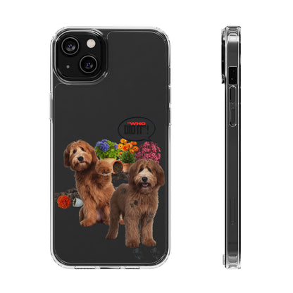 A clear protective phone case shown from the back and side views. The back features a printed graphic of two brown dogs, a small kitten, colorful flowers, and a red circular logo that reads 'PUPPY'.