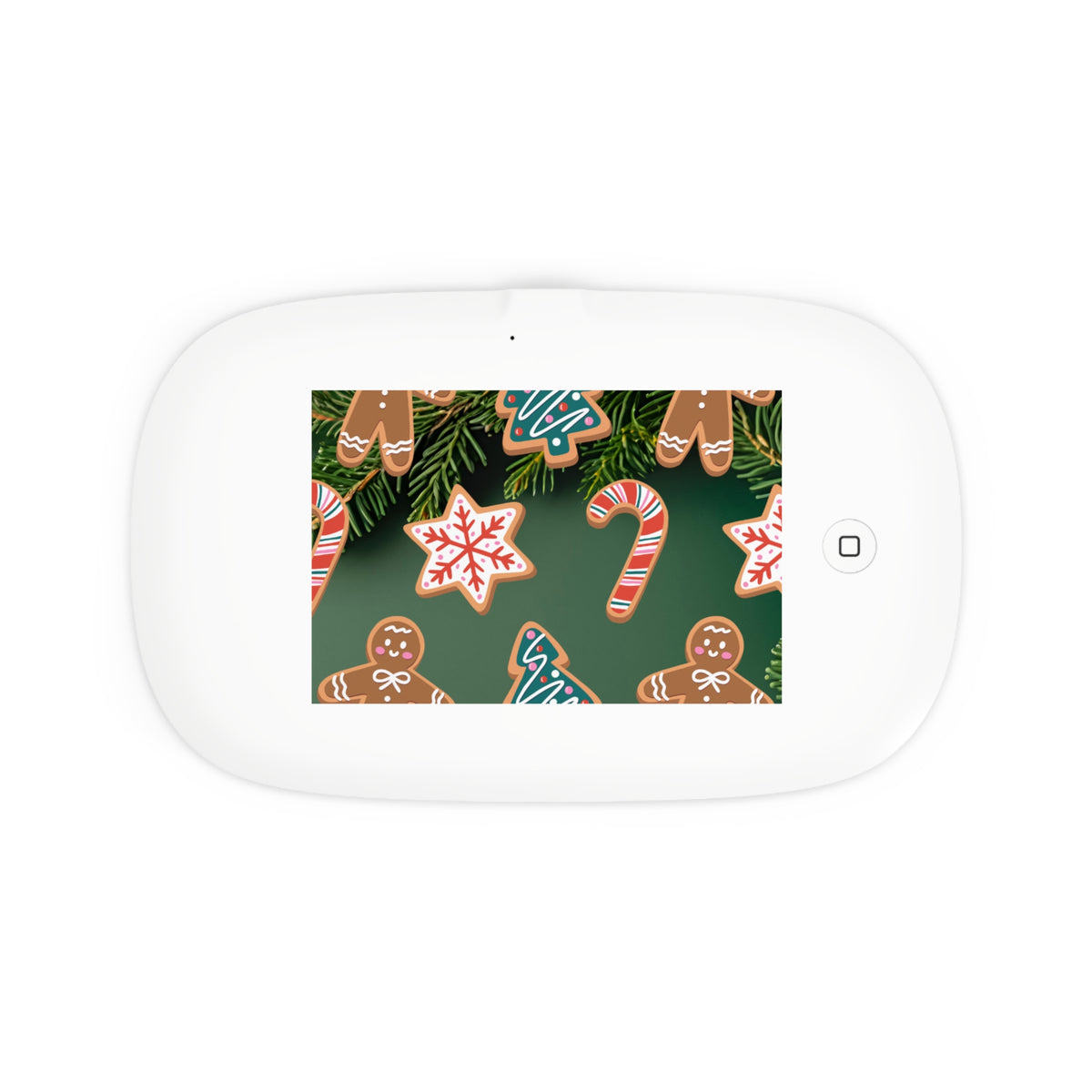 UV PHONE SANITIZER WITH WIRELESS CHARGER IN WHITE WITH A CHEERFUL CHRISTMAS GREEN BACKGROUND AND GINGERBREAD, SNOWFLAKE AND CANDY CANE COOKIES ALL OVER.