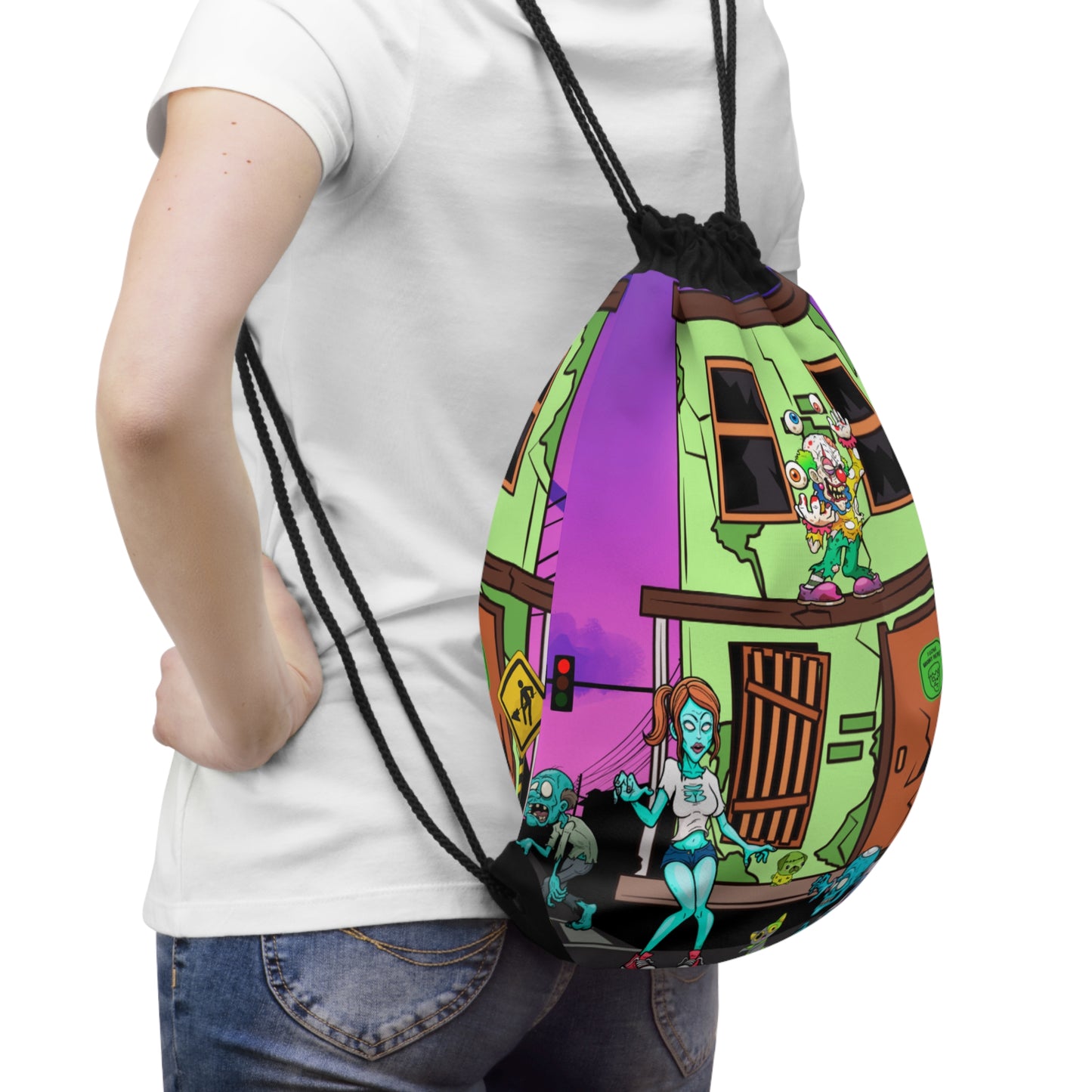 Zombie Street Art Drawstring Bag — Colorful Apocalyptic Cartoon Design