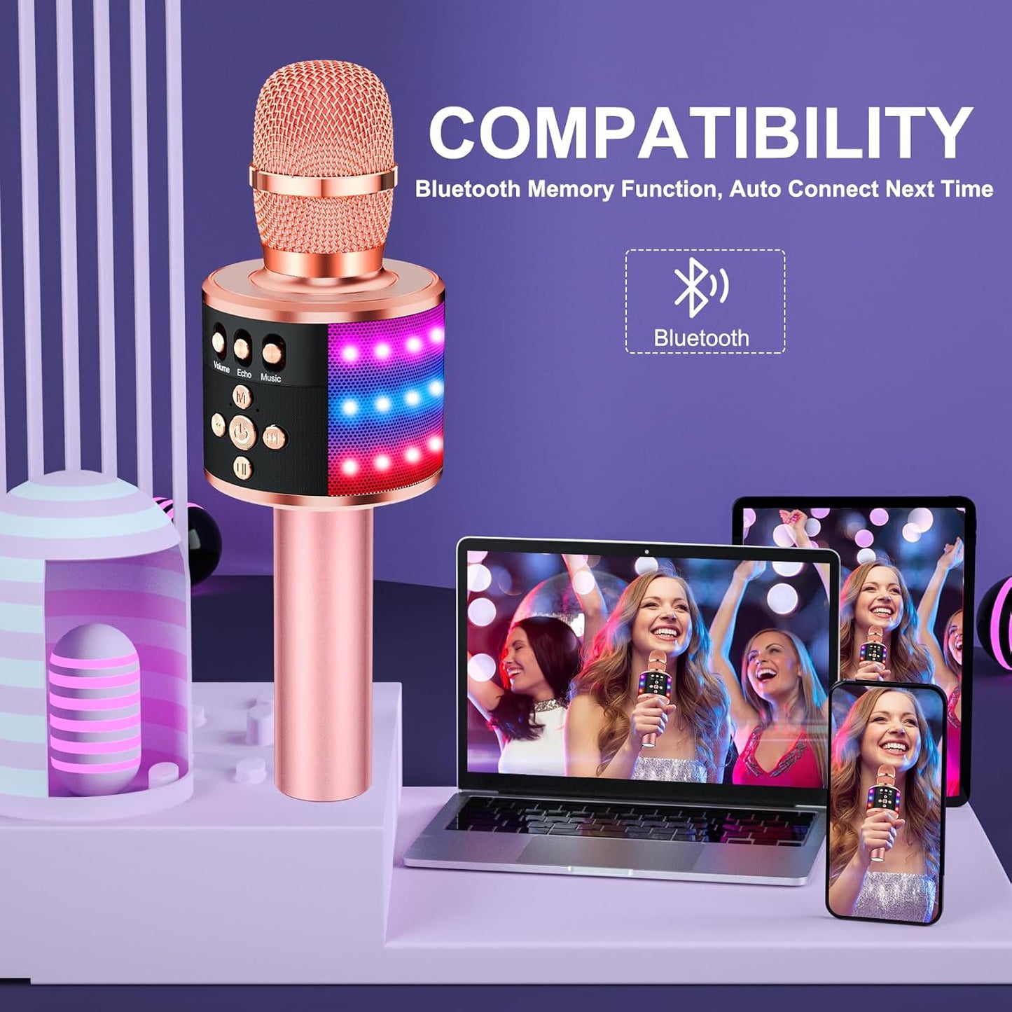 Karaoke Microphone for Kids & Adults - Bluetooth Microphones Singing Mic with Disco Lights, Echo Effect, Built-In Speaker Portable Karaoke Player for Party Travel Gifts Q78(Rose Gold)