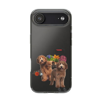 A clear protective phone case with a printed graphic of two brown dogs, a small puppy, and colorful flowers on a black background, shown on a phone against a white studio background.