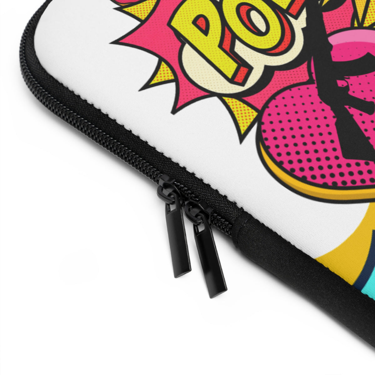 Close-up of a white zippered protective sleeve featuring a colorful pop-art comic book style graphic with a black zipper and black zipper pulls.