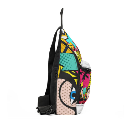 A side-profile view of a sling backpack featuring a vibrant, multicolor pop-art comic book style print with a large cartoon eye graphic, set against a plain white background.