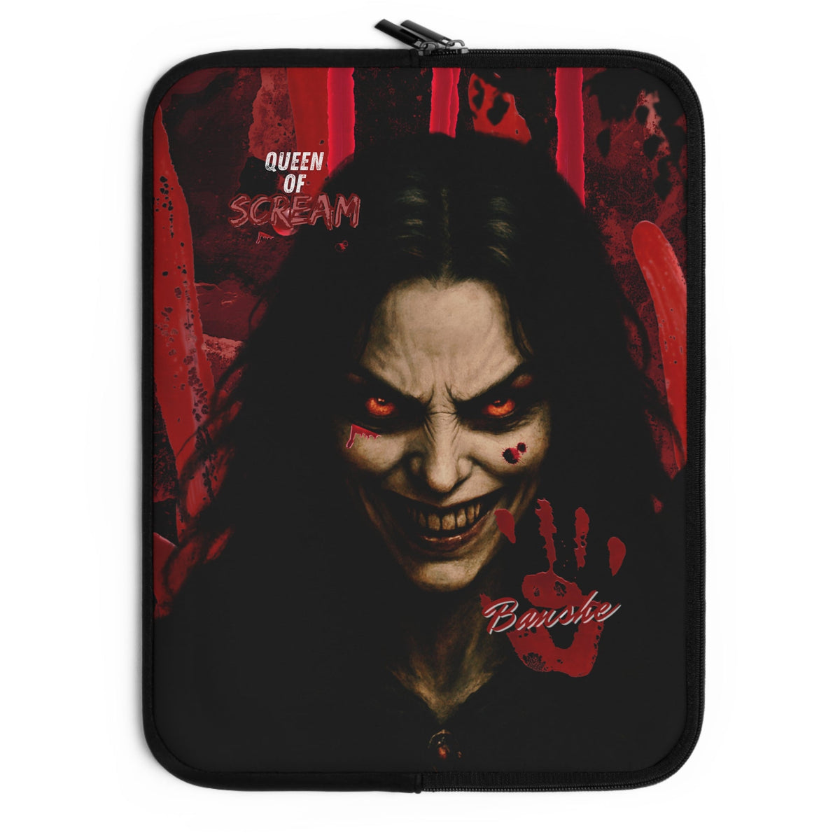 A black laptop sleeve featuring a horror-themed graphic print of a creepy woman with glowing red eyes, red blood splatters, and the text 'Bander' and 'Queen of Scream'.