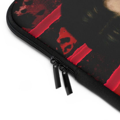 Close-up of a black zippered sleeve or case with a red and black graphic print, shown on a white background.
