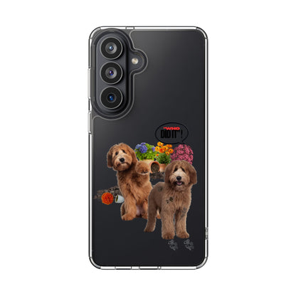 A clear protective phone case with a printed graphic of two brown poodles and colorful flowers on a black phone back, shown against a plain white background.