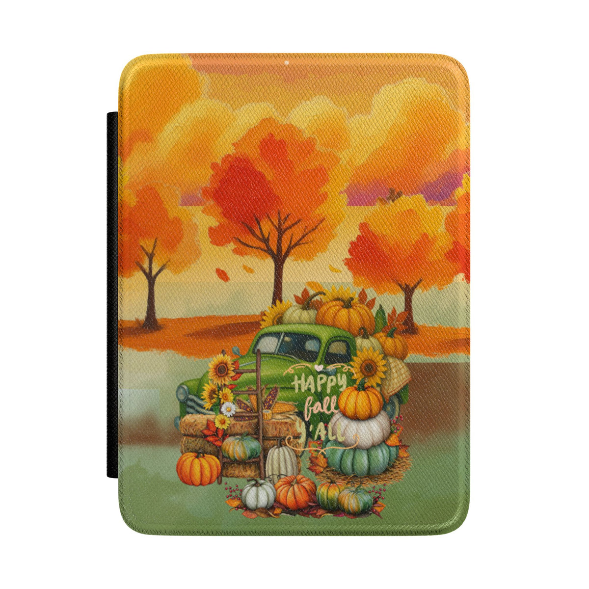 A tablet case featuring a colorful autumn landscape illustration with orange trees, a green pickup truck loaded with pumpkins and sunflowers, and the words 'Happy Fall All,' shown on a plain white background.