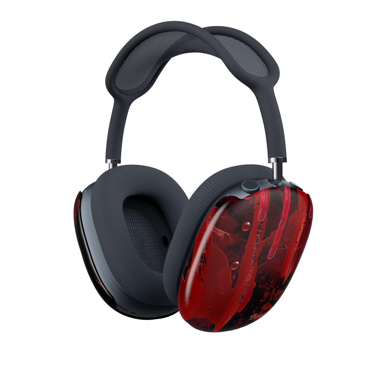 Over-ear headphones with dark gray padded ear cups and headband, featuring glossy red marbled side panels on a clean white background.