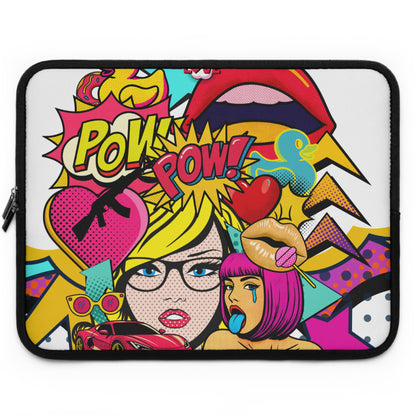A laptop sleeve featuring a vibrant pop-art graphic design with two illustrated women, bold comic-style text reading 'POW! POW!', hearts, stars, and other colorful retro motifs on a white background with a black border.