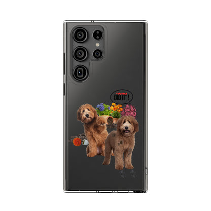 A black smartphone case featuring a printed graphic of two golden doodle puppies, colorful flowers, and a speech bubble that says 'WE DO IT!'. The case is shown on a silver smartphone against a plain white background.