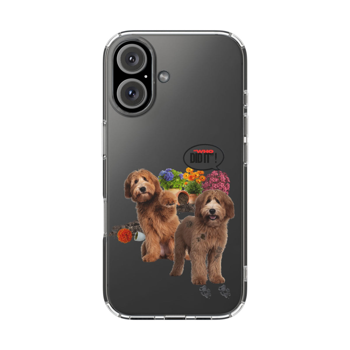 A clear protective phone case with a printed graphic of two brown poodles, colorful flowers, and paw prints on a dark gray smartphone, shown against a plain white background.