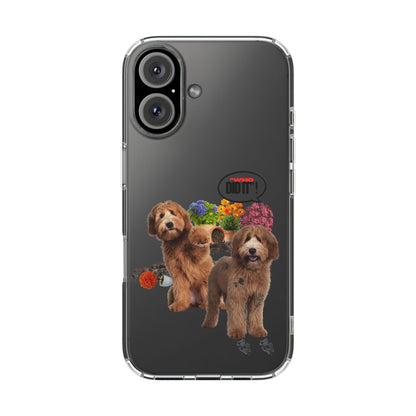 A clear protective phone case with a printed graphic of two brown poodles, colorful flowers, and paw prints on a dark gray smartphone, shown against a plain white background.