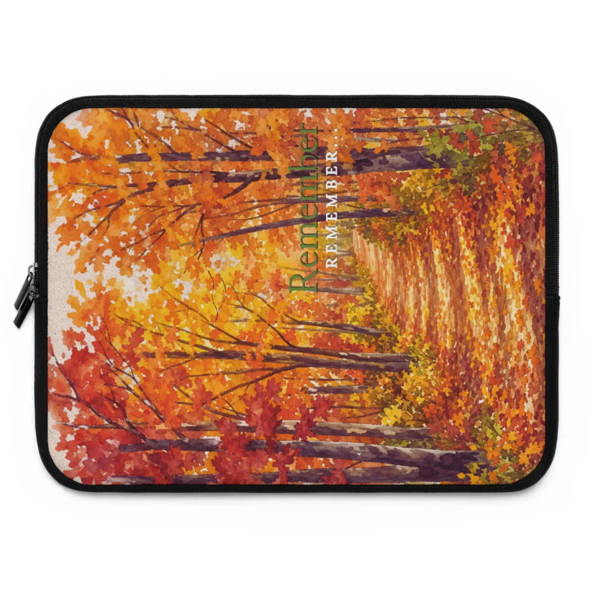 A laptop sleeve featuring a printed autumn forest design with orange, yellow, and red leaves, black trim, and a zipper on the left side. The word 'Remember' is printed vertically in green text over the center.