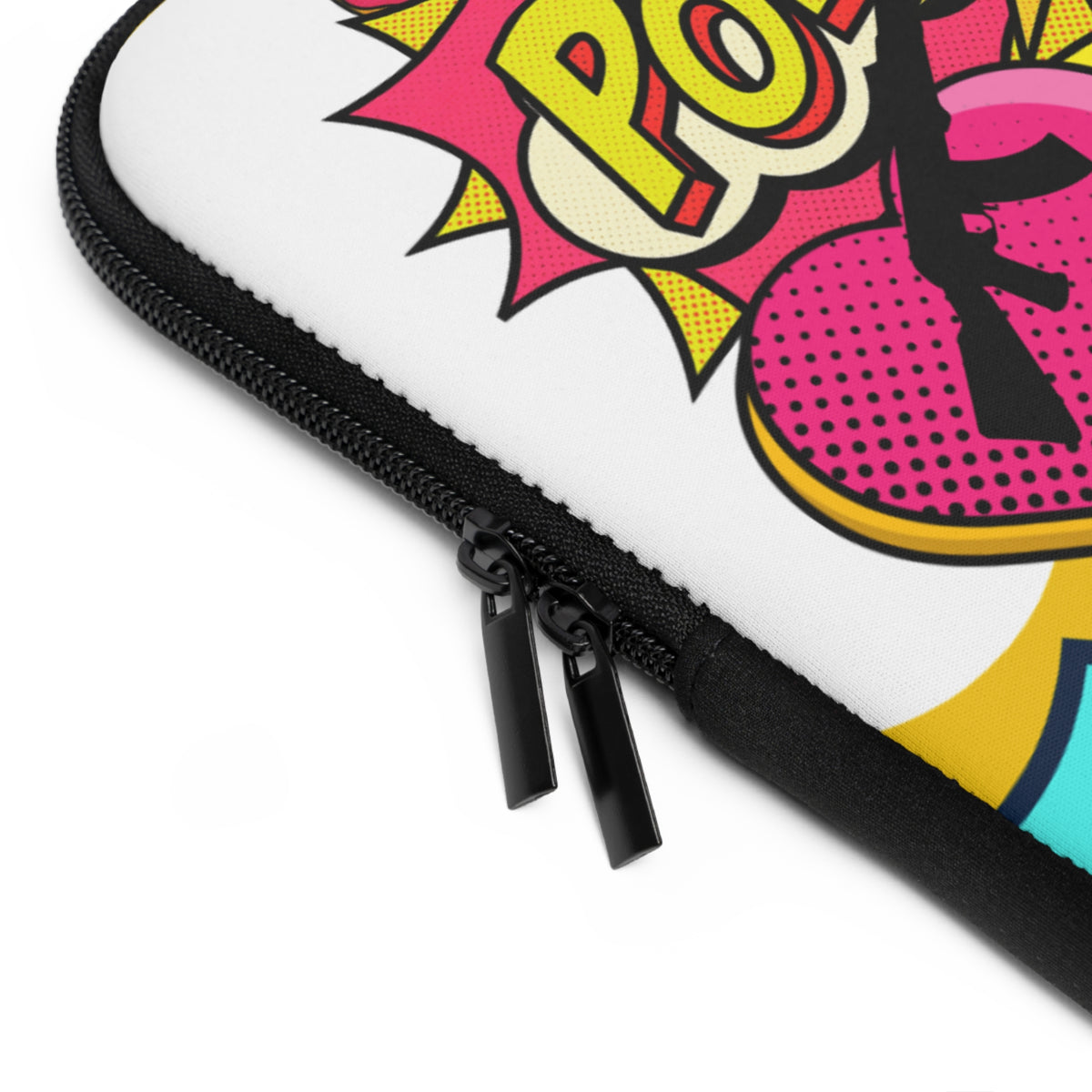 Close-up of a white zippered protective sleeve featuring a colorful comic book style graphic with a black zipper and black zipper pulls.