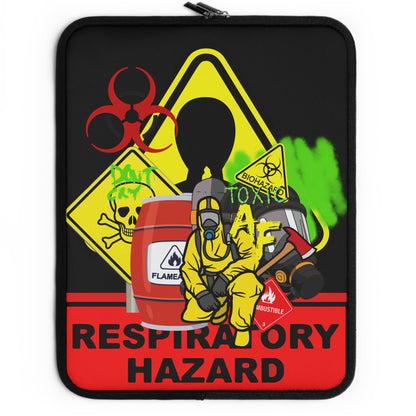 A black neoprene laptop sleeve featuring a bold, graphic 'Respiratory Hazard' design. The design includes a yellow biohazard sign, a red biohazard symbol, a red fuel can with a skull and crossbones, a green gas cloud, and a character in a yellow hazmat suit holding a respirator, set against a red vertical banner reading 'RESPIRATORY HAZARD'.