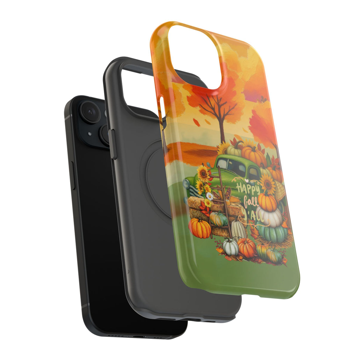 A phone case shown from the back and side, featuring a colorful autumn scene with pumpkins, a green pickup truck, sunflowers, and a tree under a warm orange sky. The case is displayed over a plain black phone on a clean white background.