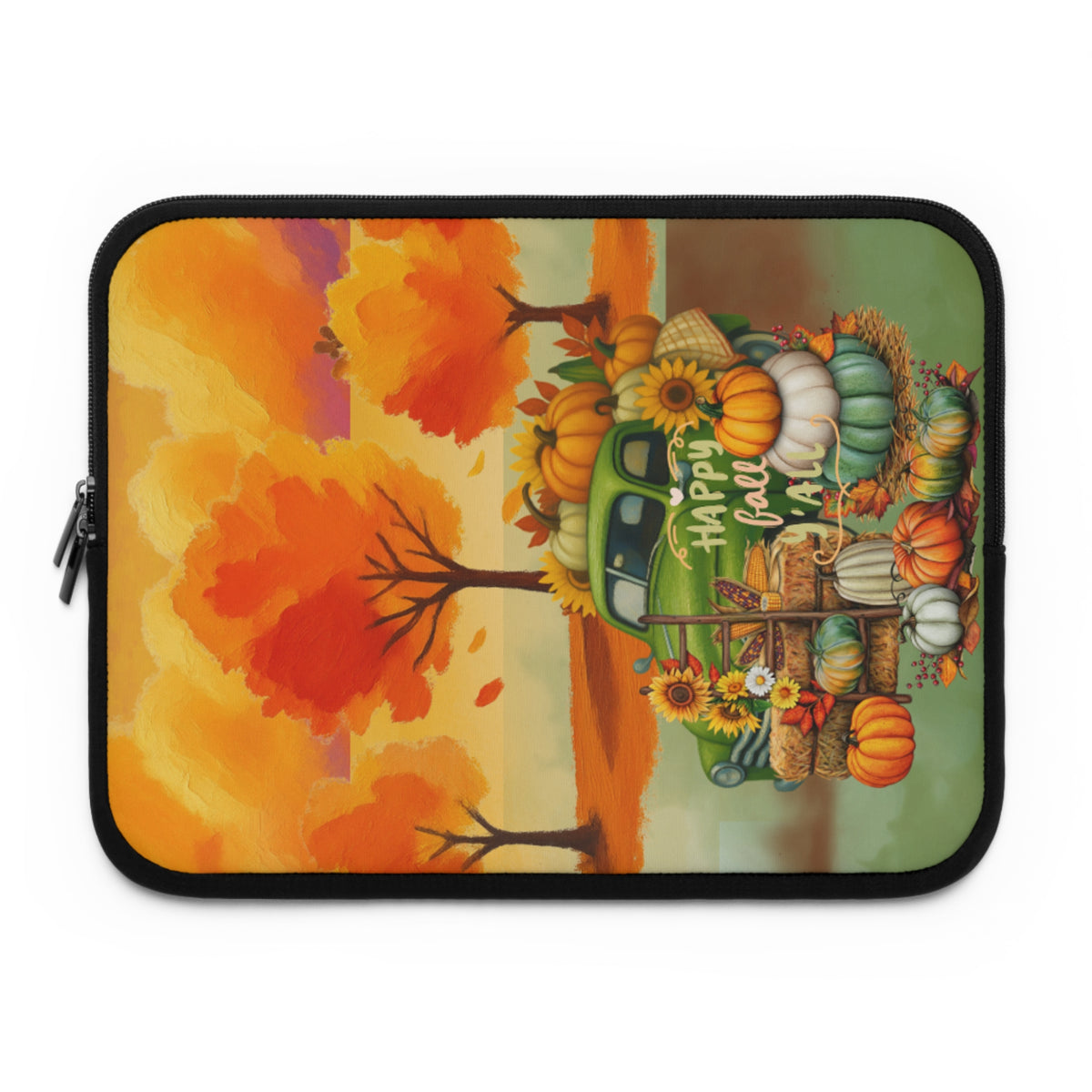 A laptop sleeve featuring a colorful autumn-themed illustration with a green pickup truck loaded with pumpkins, corn, and sunflowers, alongside orange trees and the words 'Happy Fall,' shown on a plain white background.
