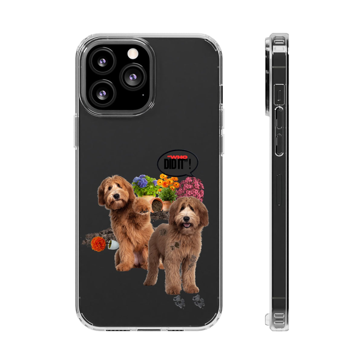 A clear-sided phone case shown from the back and side on a white background. The back of the case is black and features a printed graphic of two brown dog puppies with colorful flowers and paw prints.