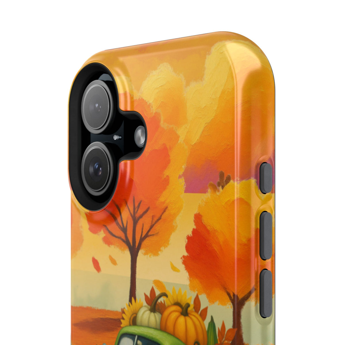 A close-up of a phone case featuring a colorful autumn landscape illustration with orange and yellow trees, pumpkins, and a green truck on a white background.
